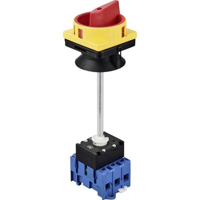 Emergency stop switch, shown in portrait orientation, with a red rotary knob, yellow border, mounted on a black housing and blue base.