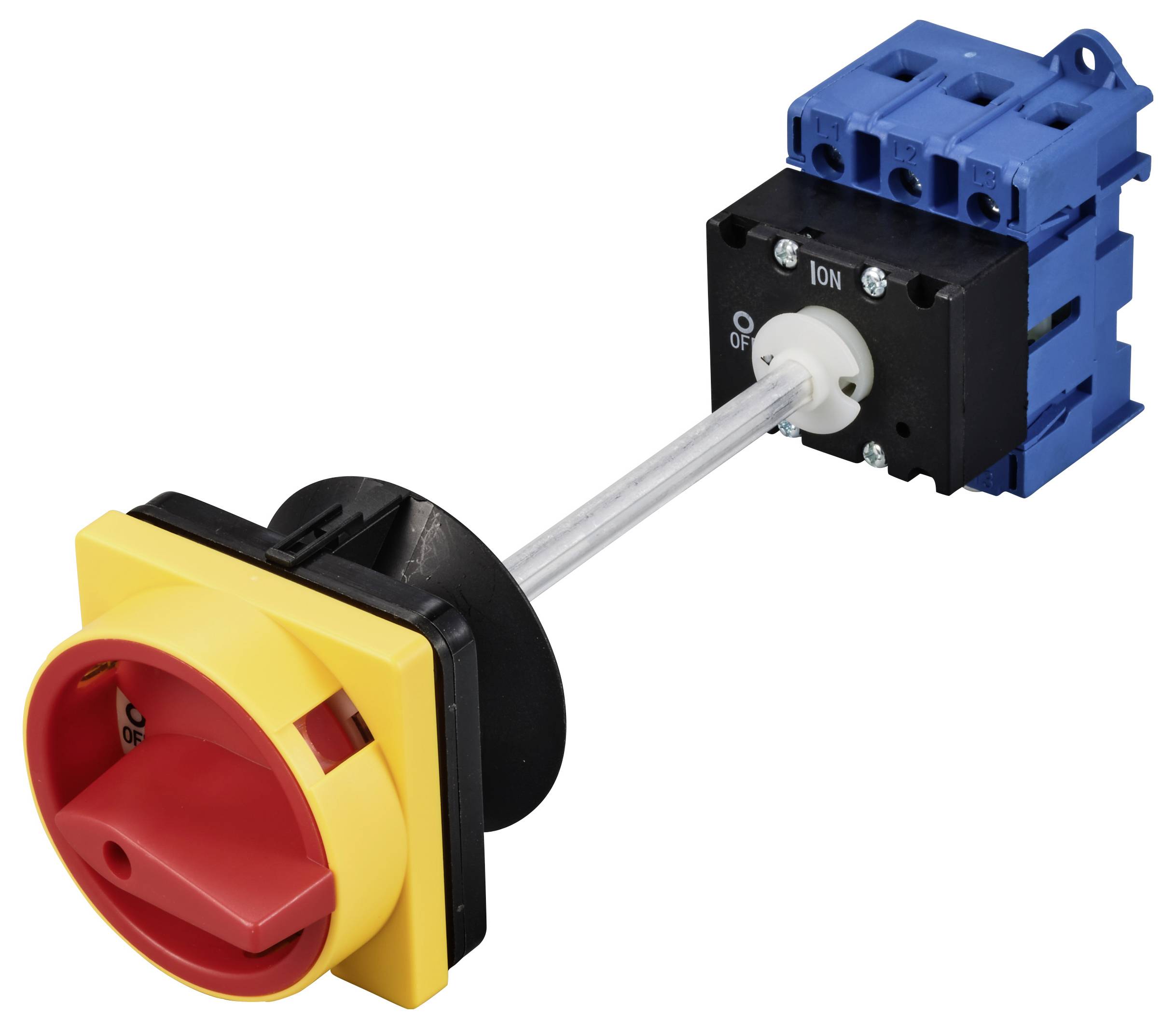 A red emergency stop switch with a yellow frame and blue connection block, suitable for interrupting the electrical circuit in emergency situations.