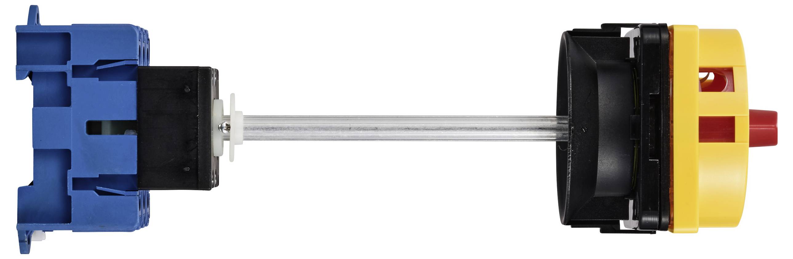 A retractable switch with a blue mounting bracket on the left, black central section, and a yellow button with a red switch on the right.