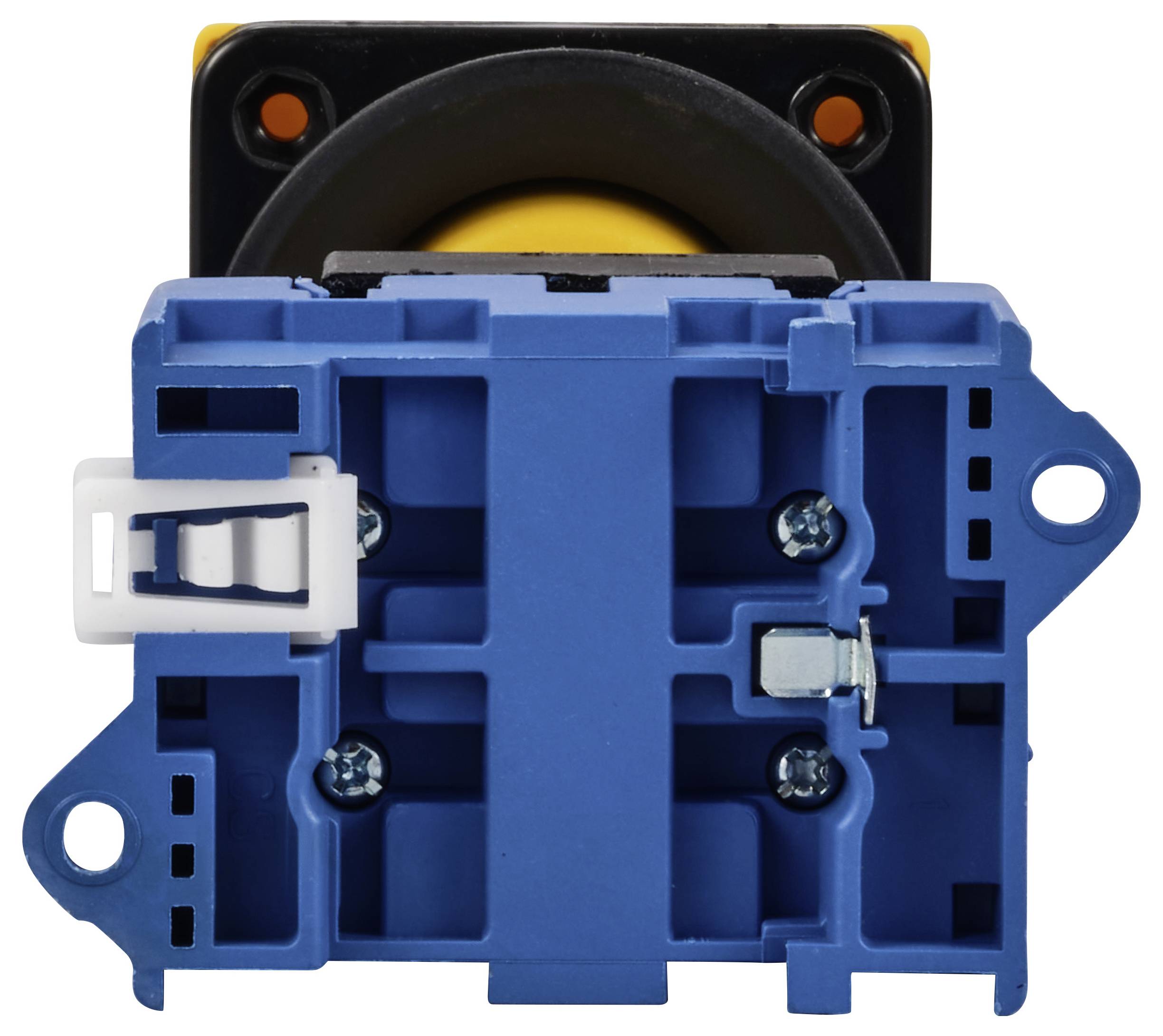 A square, modular push button with a blue casing and yellow front face, likely electronic accessory equipment.