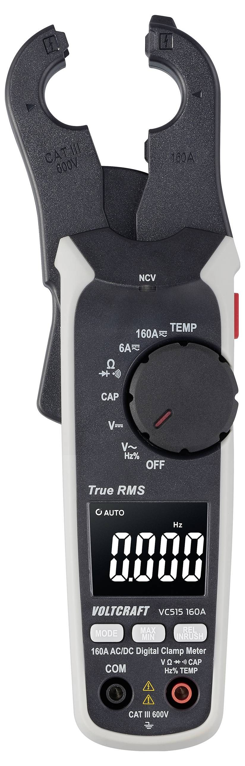 Digital clamp multimeter with display showing '0.000 Hz'. Functions: current measurement, voltage, True RMS. Suitable for alternating and direct current.