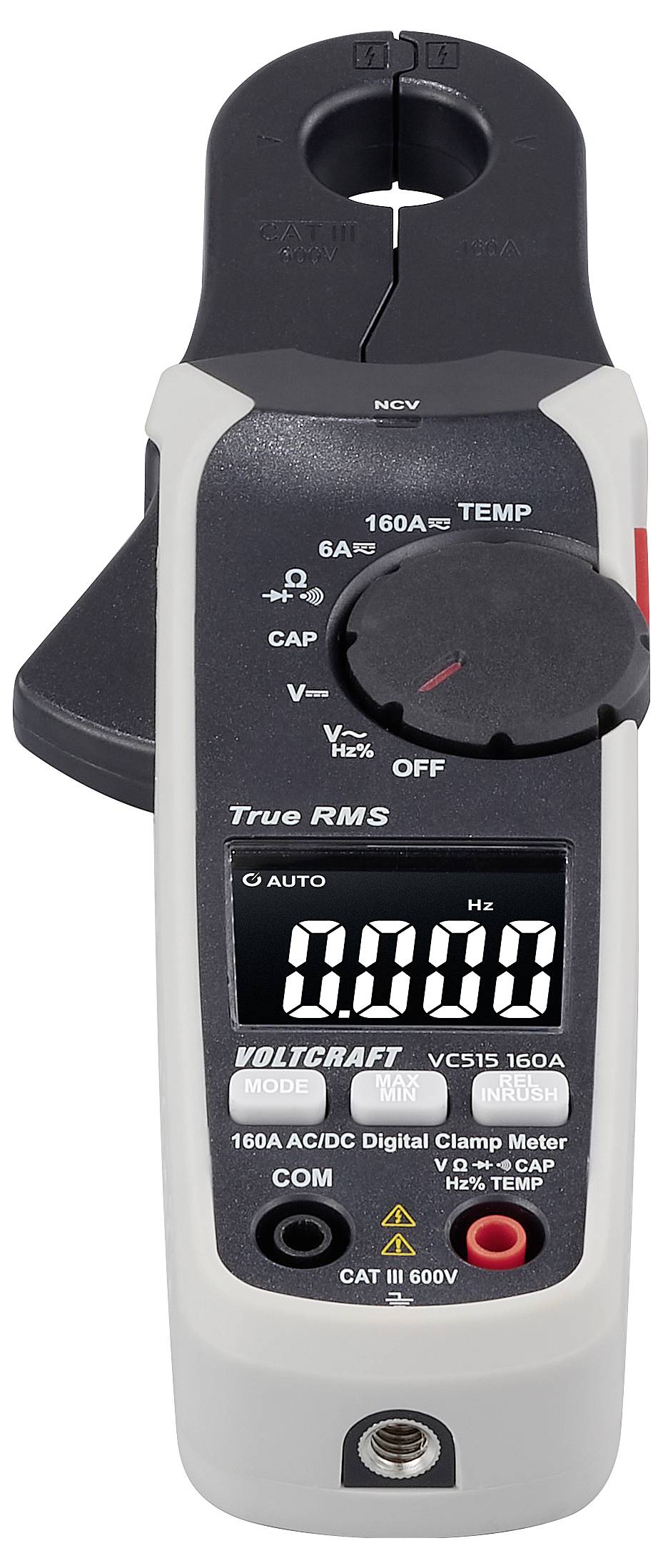 A digital electrical measuring device with display shows '0.00'. It is a clamp meter for current measurements up to 160A, suitable for AC/DC measurements.