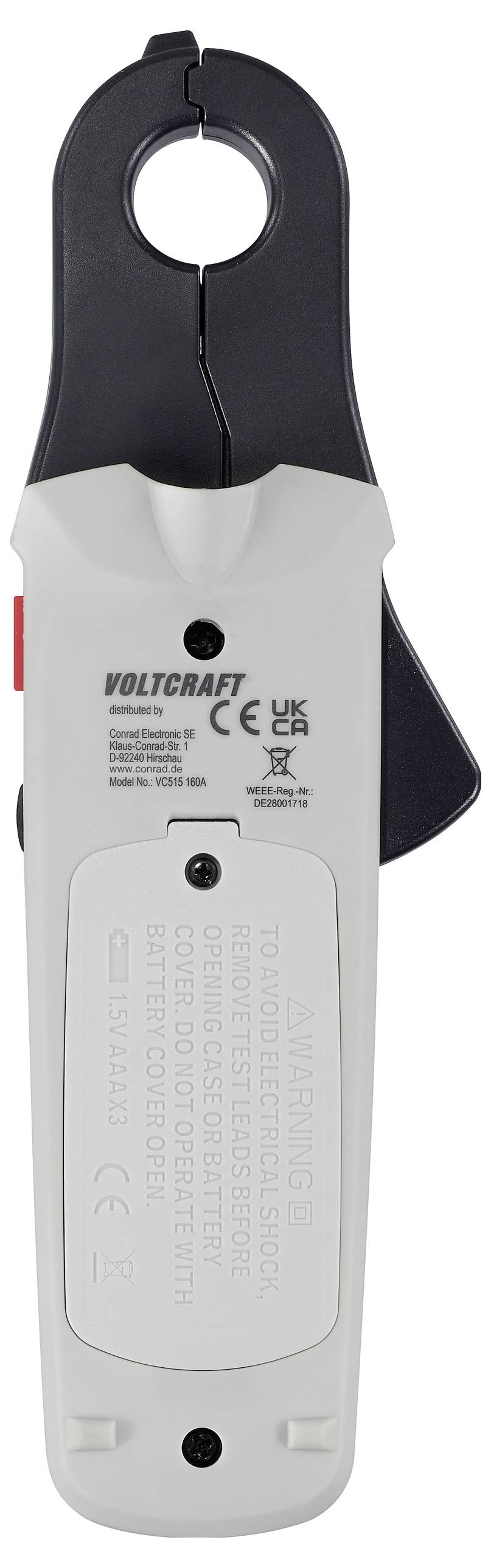 A handheld digital clamp meter from Voltcraft, featuring a dial and probe clamps for measuring electrical currents, with visible safety warnings.