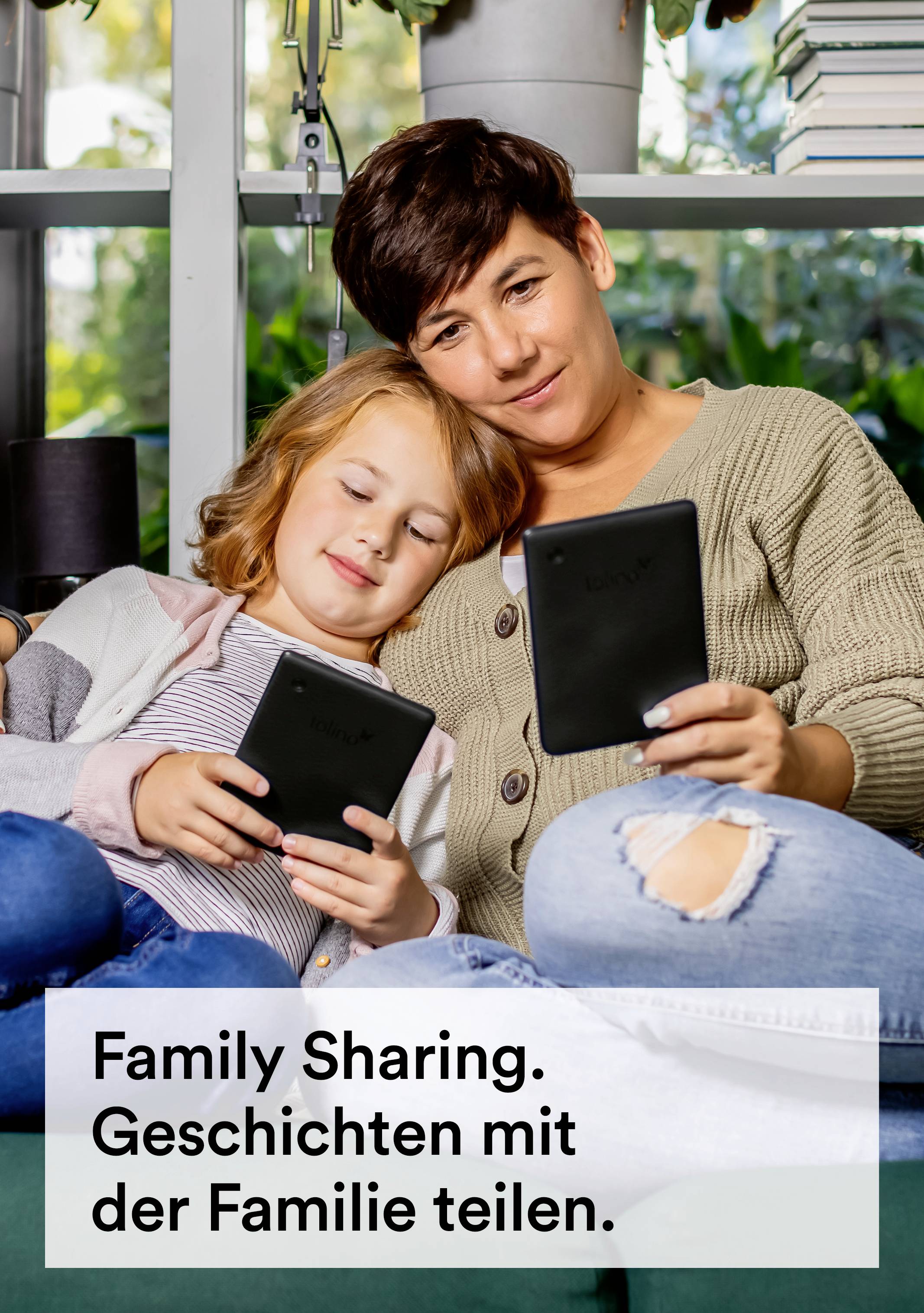 A woman and a child are cosily sitting on the sofa, reading on tablets. Text in the image: 'Family Sharing. Sharing stories with the family.'