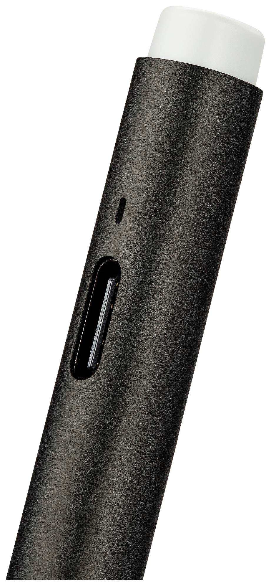 A black metal pen holder with a white cap and built-in sliding mechanism.