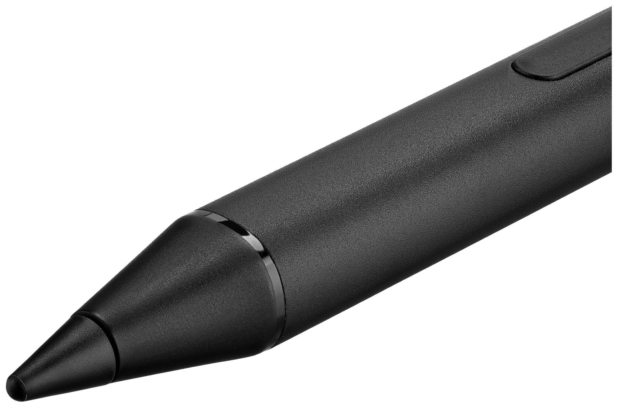 Black digital stylus, tapering to a point, suitable for graphics tablets and touchscreen devices.