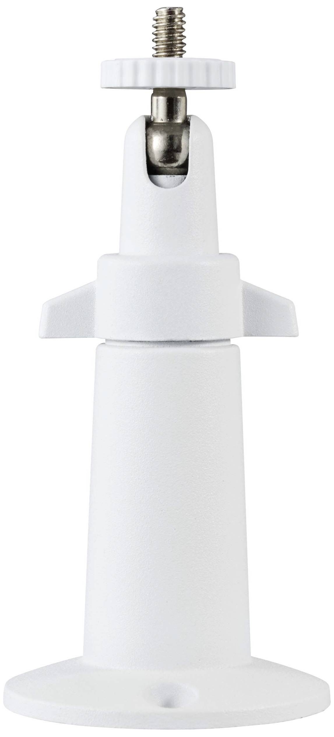 White mounting bracket, cylindrical in shape with adjustable threading at the top. Suitable for cameras or similar devices.