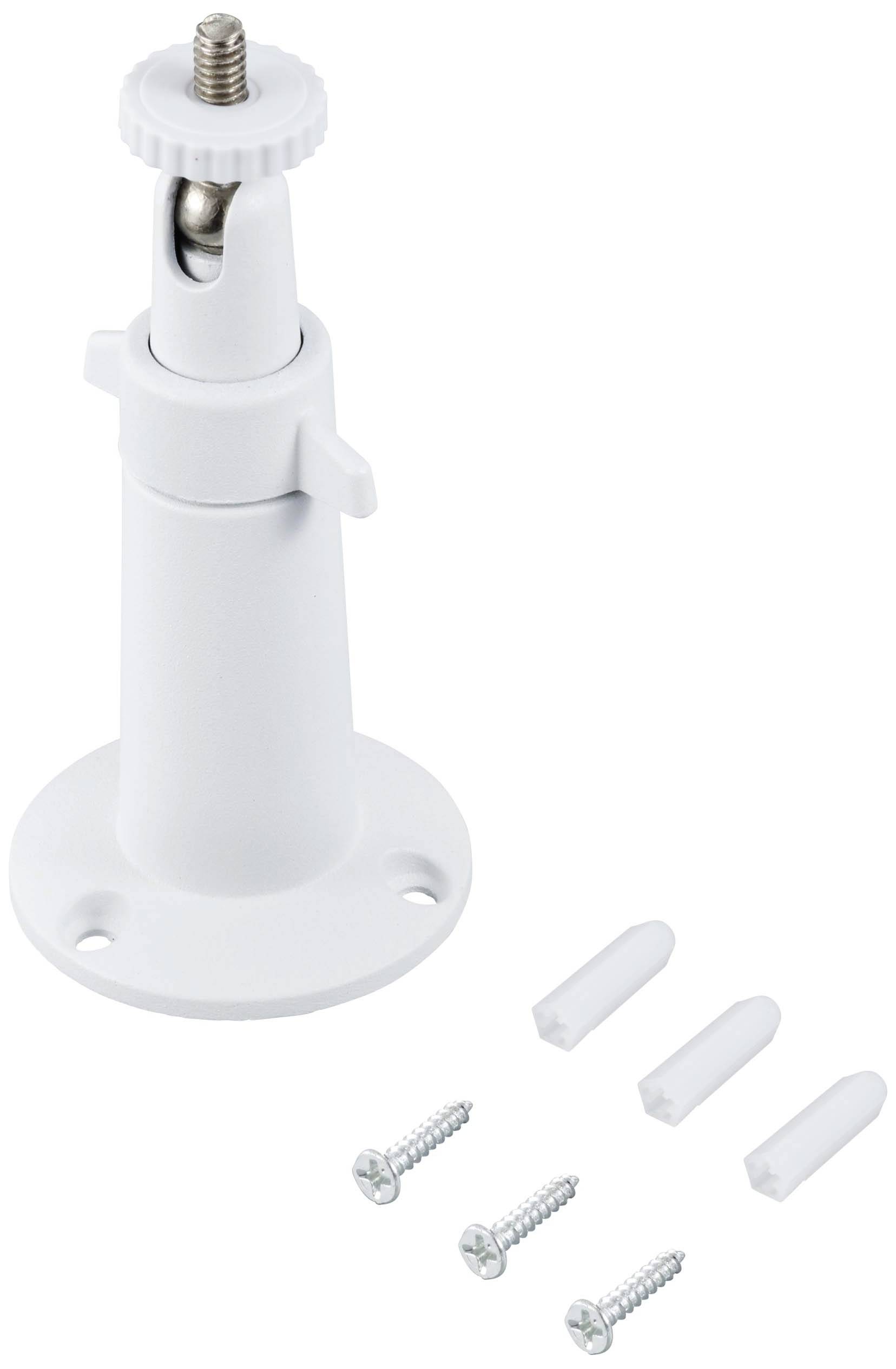 White wall mounting bracket with screw fixings, suitable for small devices. Includes four screws and wall plugs. Ideal for easy installation.