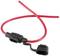 Red power cable with black fuse holder, suitable for electrical wiring or automotive applications.