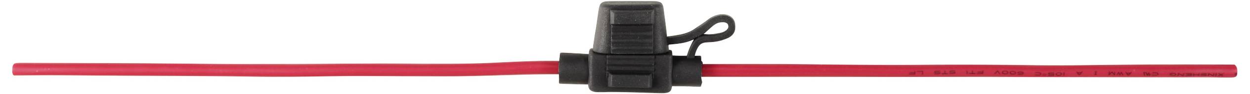 Red wire with black fuse holder in the middle, against a white background.