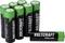'Eight green and black AA batteries by Voltcraft with 2750 mAh capacity, one battery lying horizontally.'