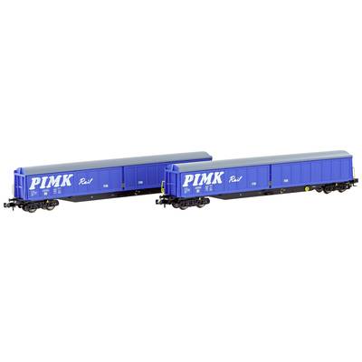Two blue freight wagons with the inscription 'PIMK Rail' on a white background. The wagons are fitted with sliding doors.
