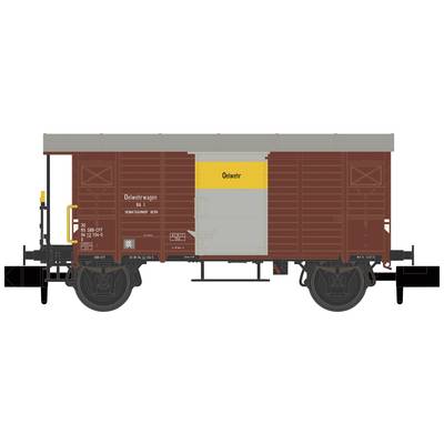 Illustration of a brown goods wagon with the inscription 'Olexeter' on a grey box. The wagon has black wheels.