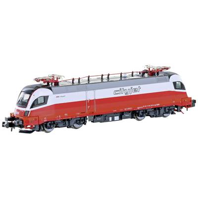 The image depicts a red and white Cityjet locomotive from the side. It is modern in design and bears the ÖBB logo.
