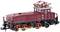 Red electric model locomotive with four wheels and detailed pipework on top. Suitable for model railway layouts.