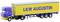 Toy lorry in blue and yellow with the inscription 'LKW AUGUSTIN' on the trailer. Trailer has four wheels, cab has two.