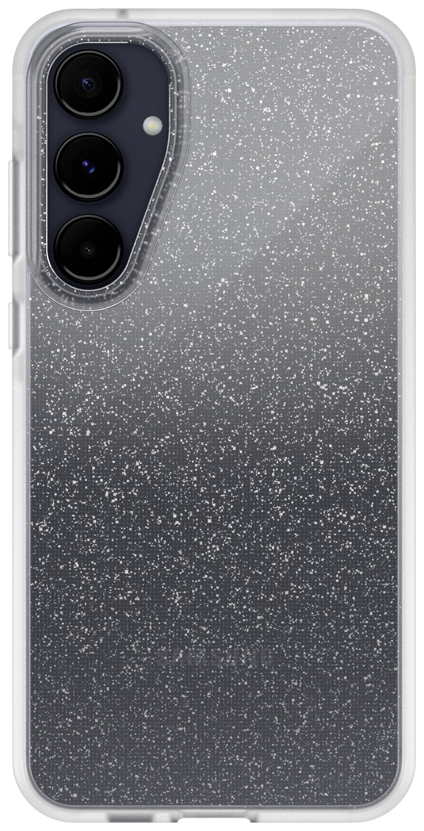 A smartphone with a transparent, glittery protective case. The main feature is the sparkling design of the case.