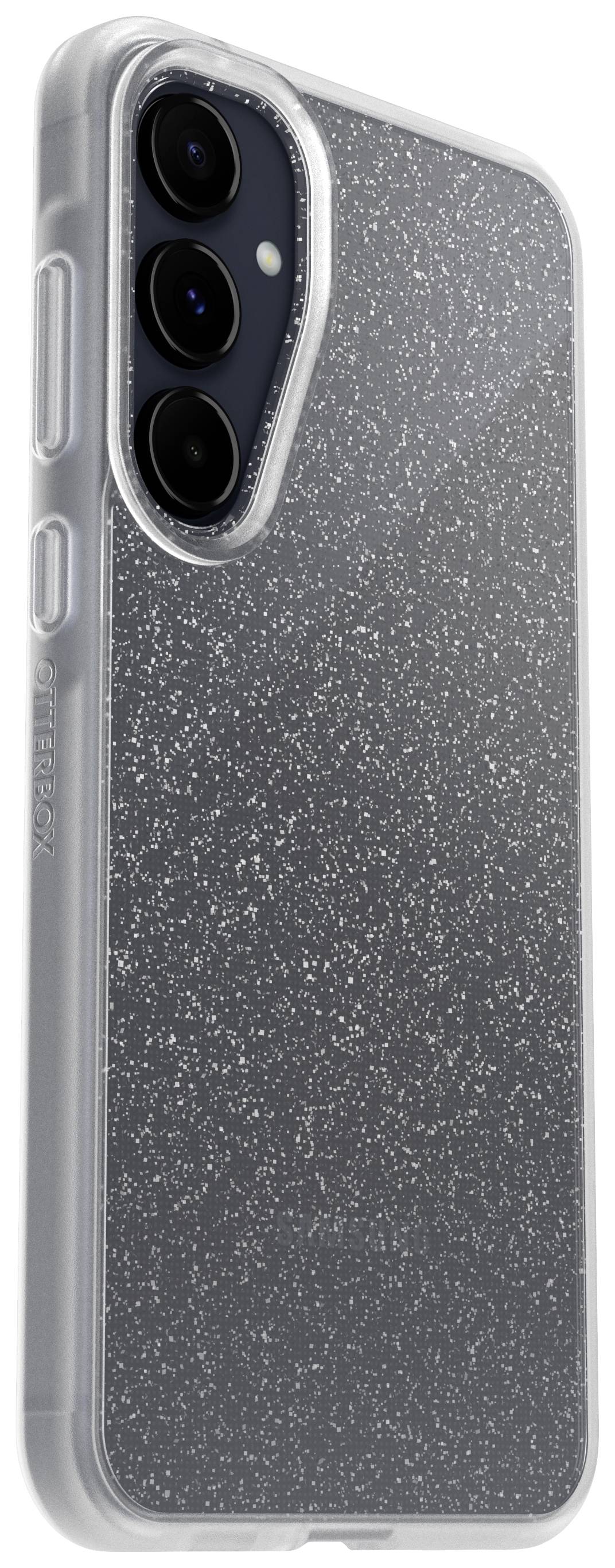 Grey smartphone case with glitter effect, vertical camera cutout, and side button openings, rear view.