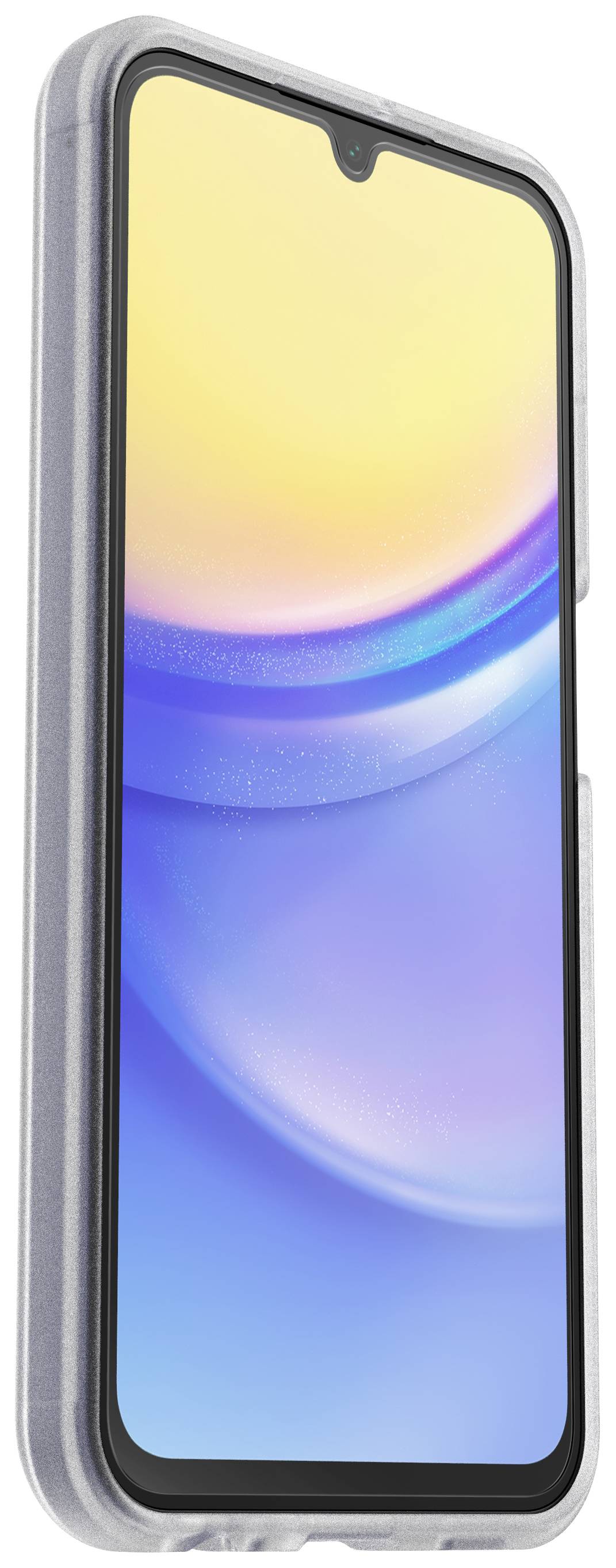 Smartphone with case, looking at the display. Although the display shows no content, the clear case provides protection.