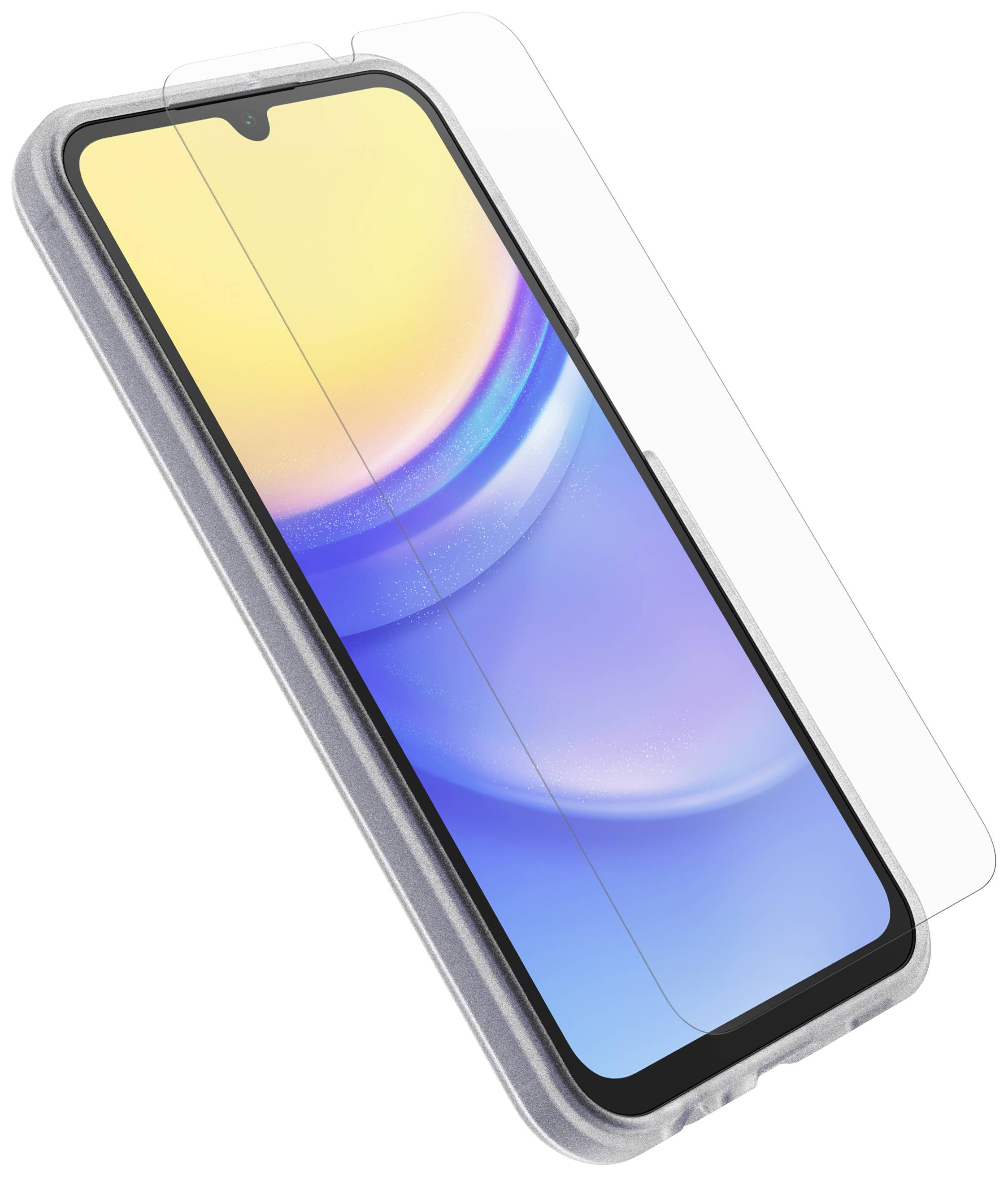 Smartphone with blue and yellow screen graphics, lying at a slight angle. An additional screen protector is visible.