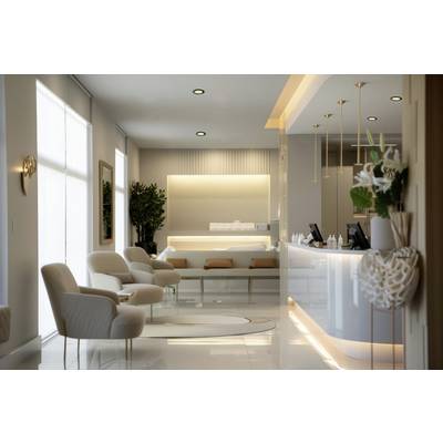 An elegant waiting area with contemporary armchairs, a reception desk and subtle lighting design. An inviting atmosphere.