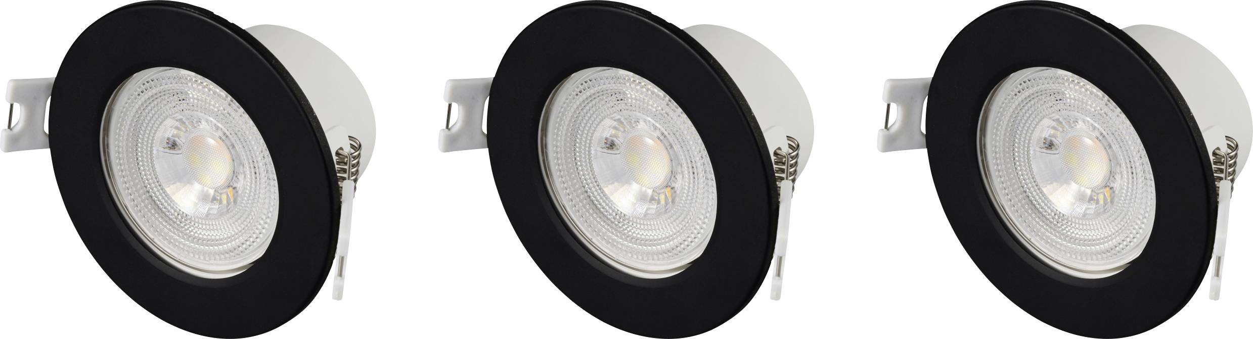 Three round recessed ceiling lights with black trim and LED lighting, arranged side by side.