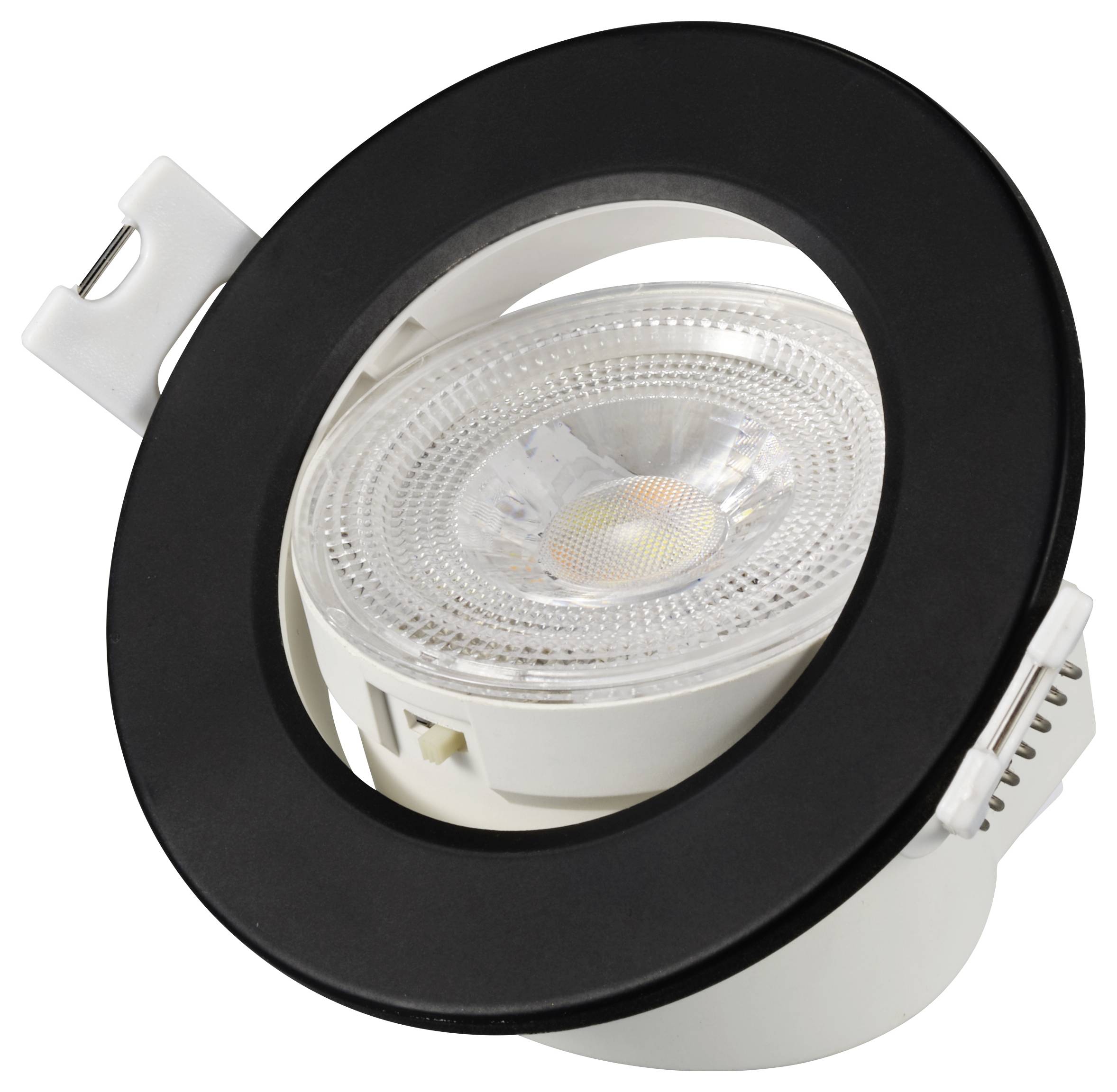 A black, round LED recessed spotlight with a white frame, suitable for interior lighting, shows the lamp in detail.