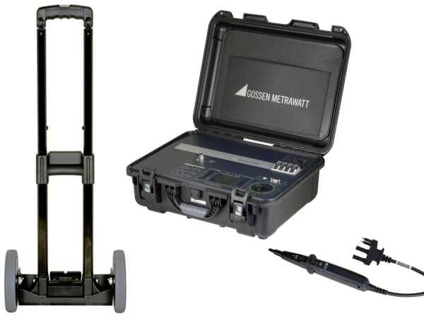 Suitcase with opened test equipment from the Gossen Metrawatt brand, alongside a transport trolley and test plug with measuring lead.