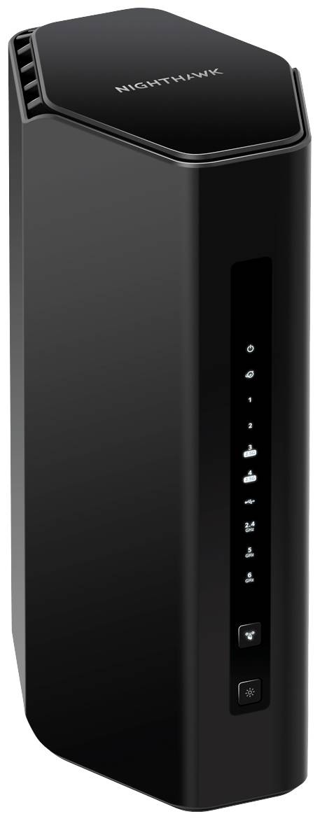 A black, upright router with 'Nighthawk' written on the top surface. The front face displays status LEDs and ports.
