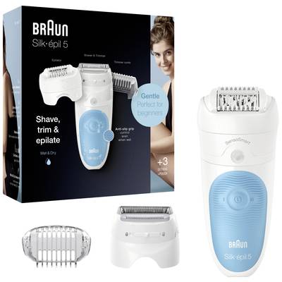 The image shows a Braun Silk-épil 5 electric epilator with various attachments. The packaging is visible in the background.