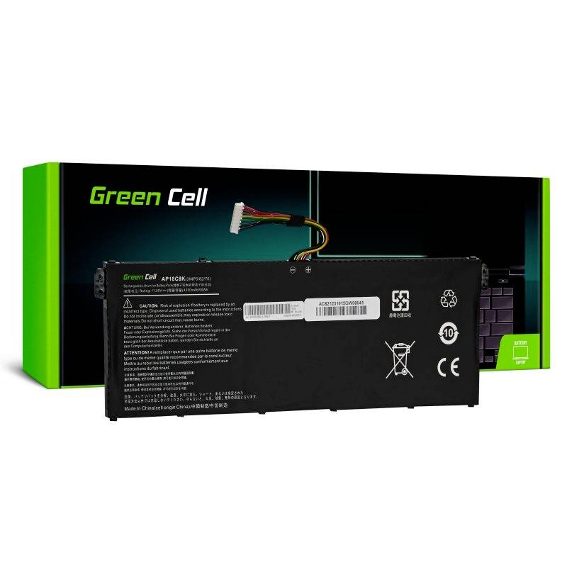 'Green Cell' lithium-ion battery in front of a green and black packaging, with connections and safety markings suitable for laptops.