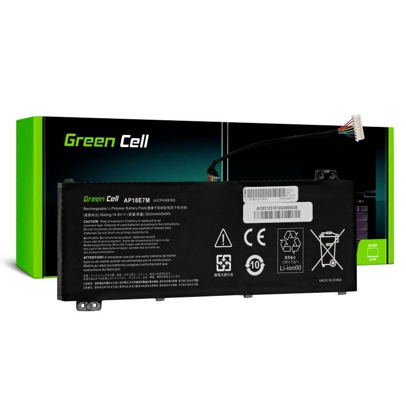 Lithium-ion battery by Green Cell, model AP18E7M, with packaging in the background. Includes safety and disposal symbols.