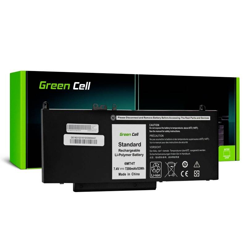 Rechargeable Li-Ion battery by Green Cell, Model JC01, 7.4V, 2200mAh, 35Wh, against a black packaging with green accent.