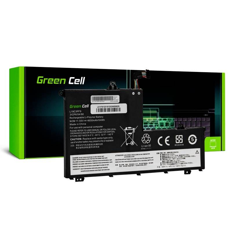 Laptop battery from the 'Green Cell' brand positioned in front of packaging displaying laptop graphics. Capacity: 7.7V; 4600mAh; Model L16C2PB1.