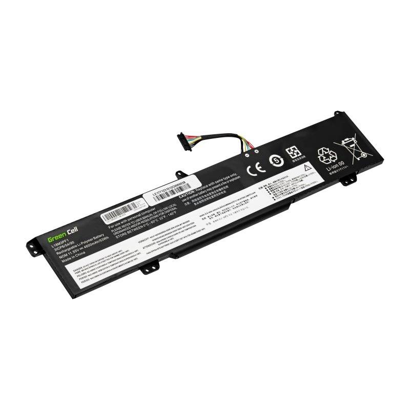 A rectangular laptop battery with manufacturer information and certification symbols, including CE and recycling marks.