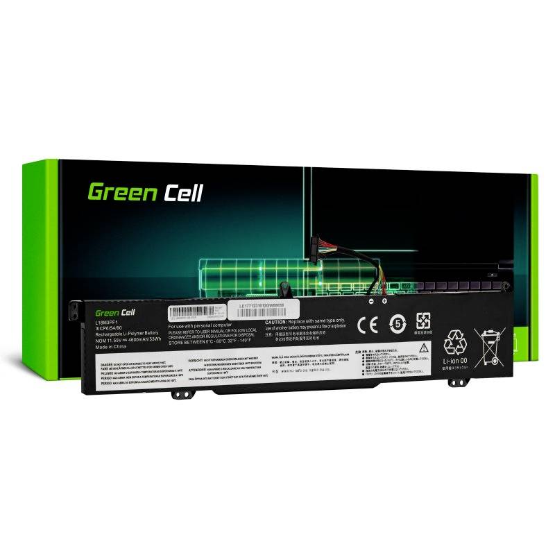A black, rectangular laptop battery by the brand 'Green Cell'. In the background, the green and black packaging with the logo is visible.