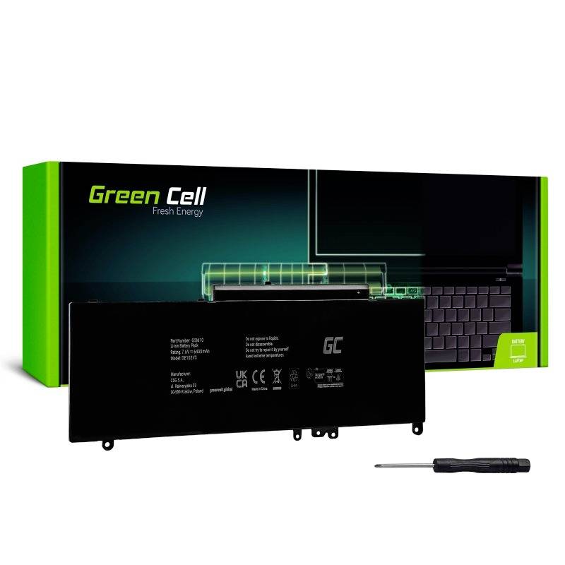 A battery pack is shown with a screwdriver in front of packaging. The packaging reads 'Green Cell Fresh Energy'.