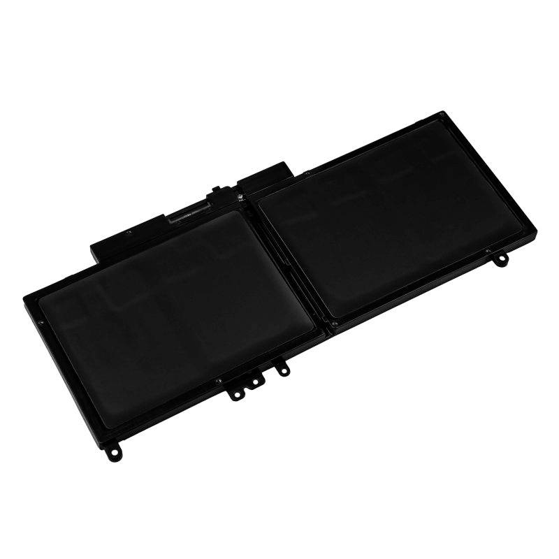 A black lithium-ion battery with two cell modules positioned side by side, suitable for a laptop.