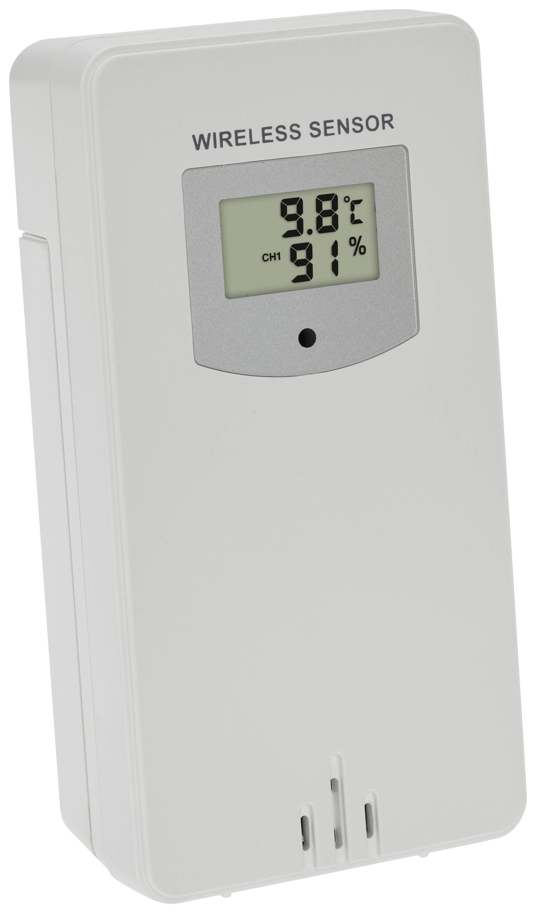 A wireless sensor with a display shows a temperature of '9.8°C' and humidity of '91%'. The device is rectangular and white.