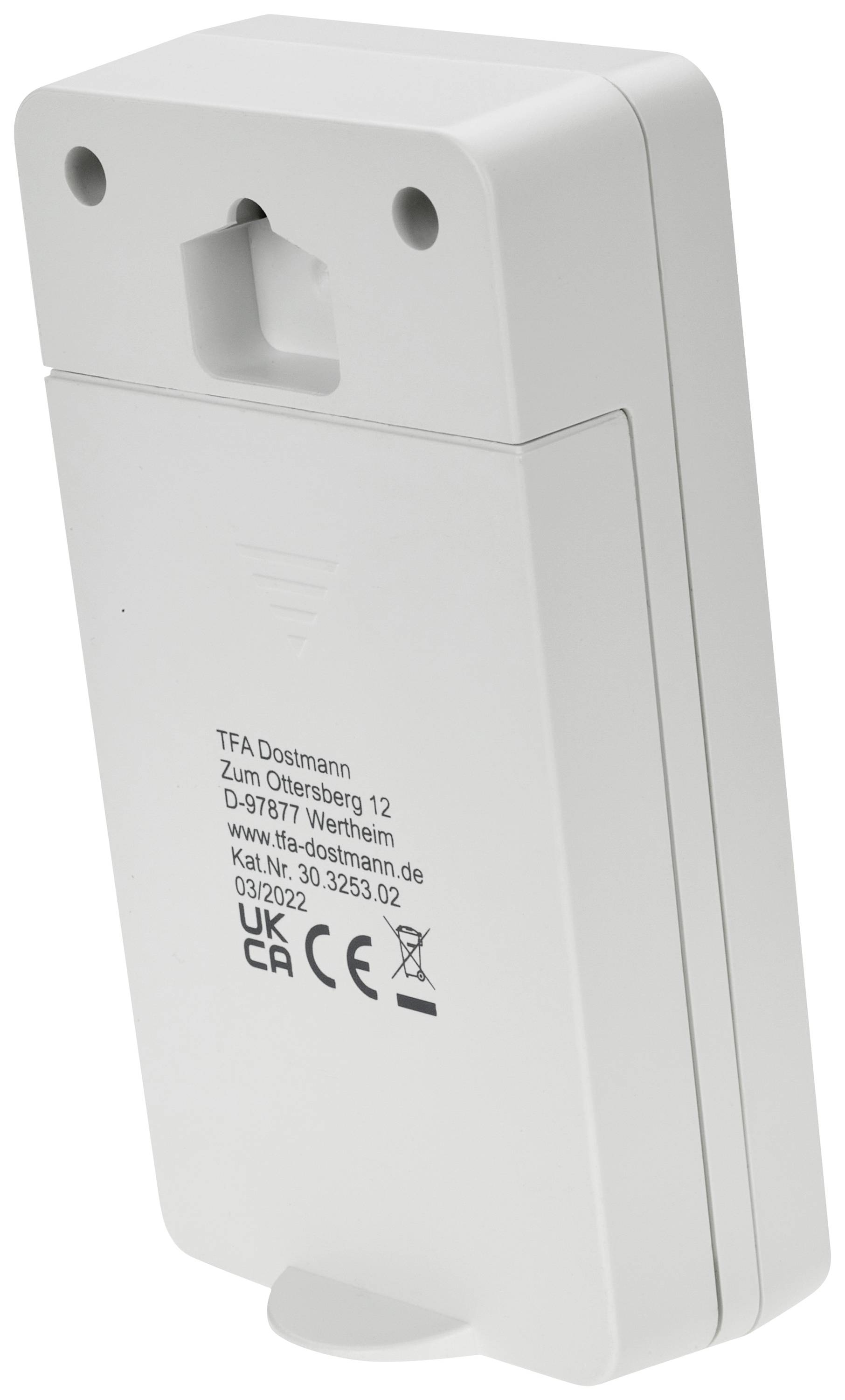 A white, rectangular device with a hanging mechanism and manufacturer information and certifications printed on the reverse side.