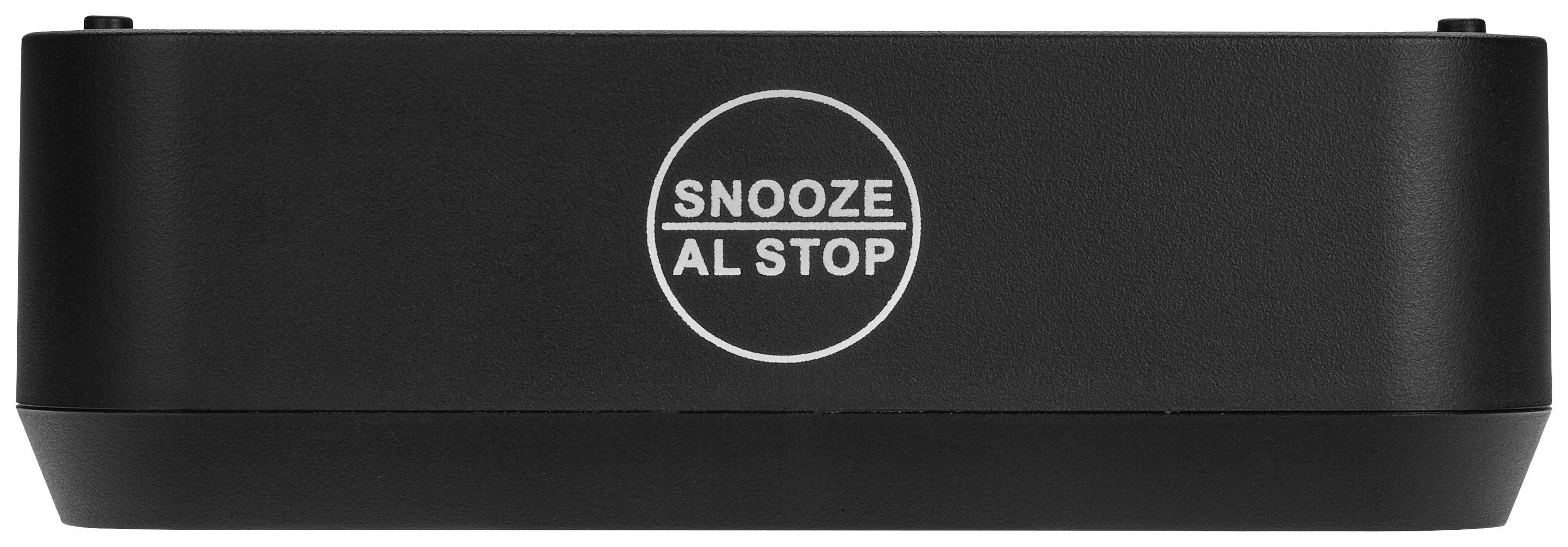 Black device base with a large button in the centre, labelled 'SNOOZE AL STOP'.
