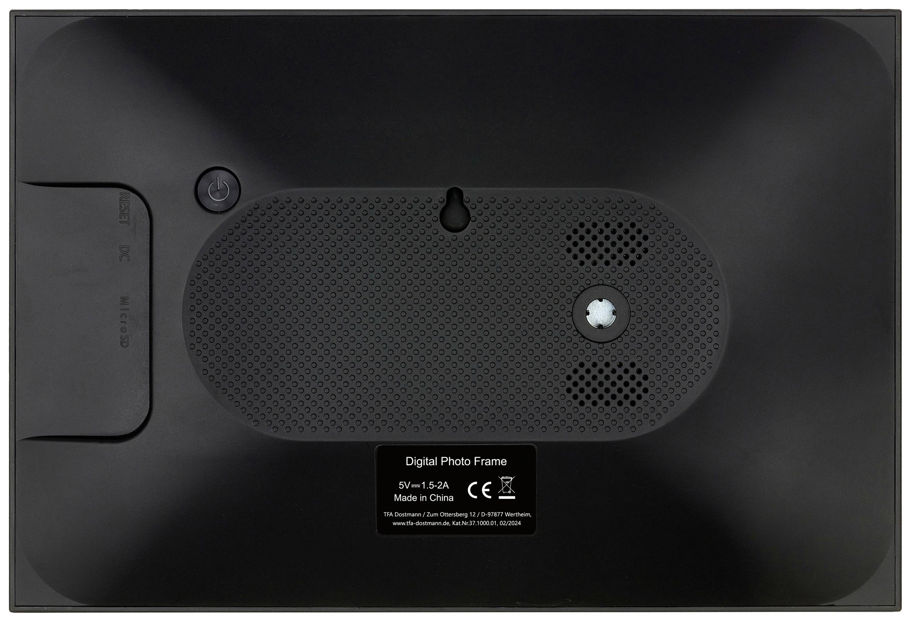 Back of a digital photo frame with a power supply connection and a manufacturer label, labelled 'Digital Photo Frame'.