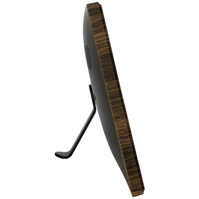 Side view of a digital photo frame with wood-effect finish and stand.