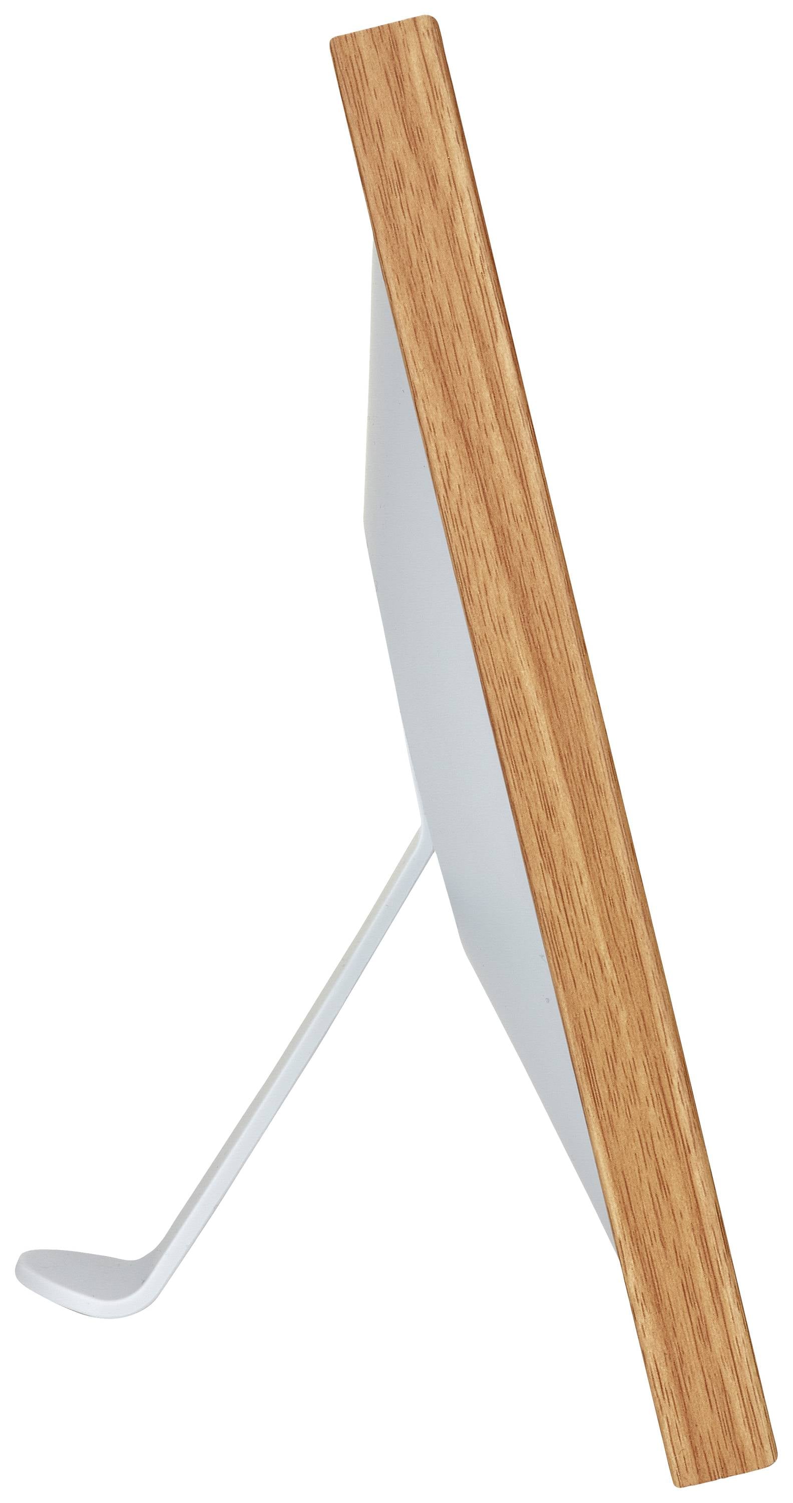 Side view of a modern computer monitor with a wooden frame and a slim, silver stand.