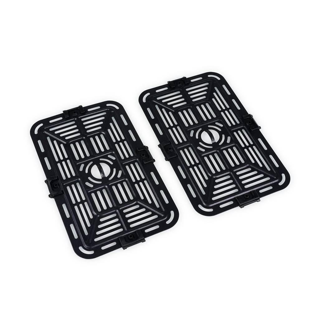Two rectangular black grids with a circular pattern in the centre lie side by side on a white background.