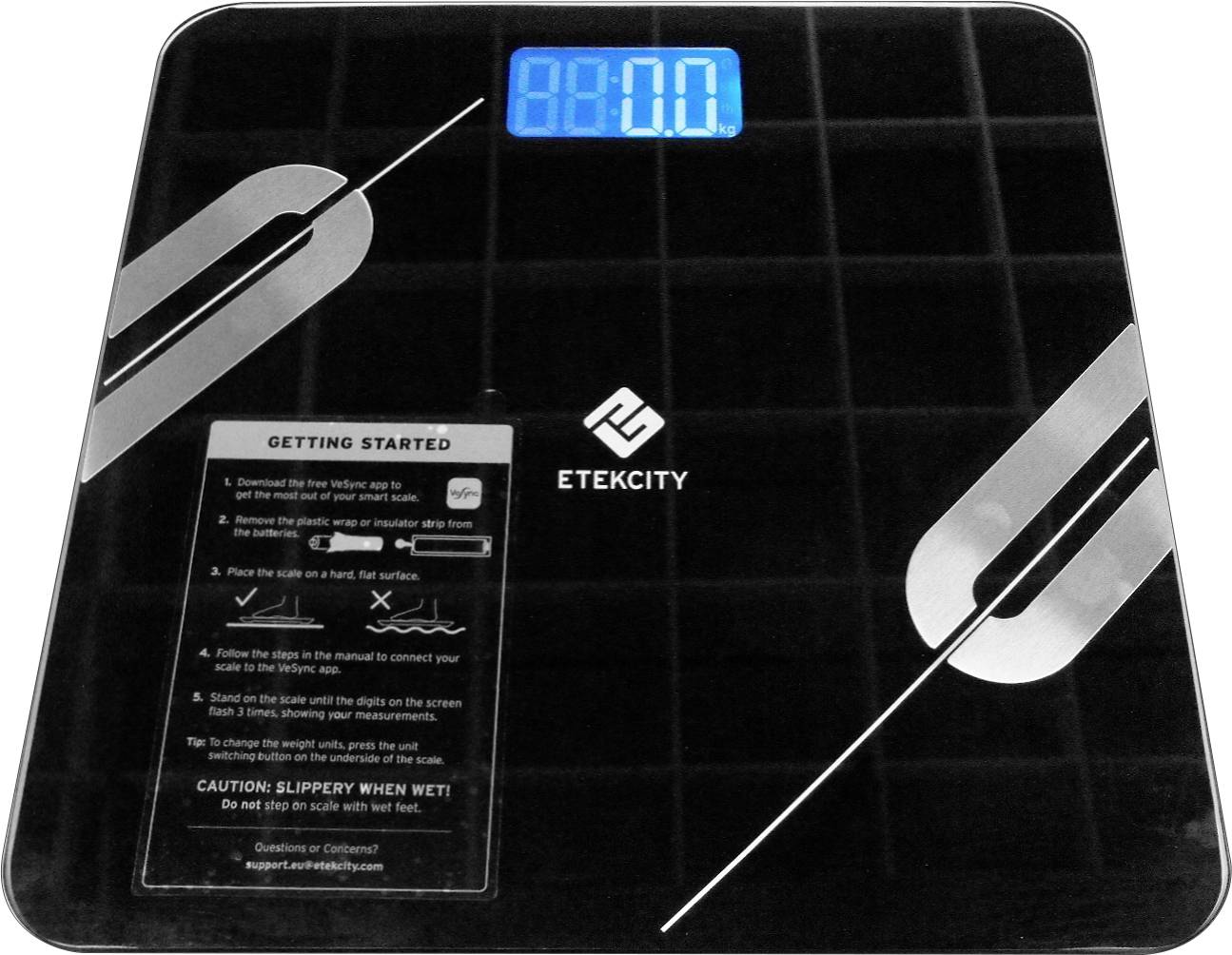 A black digital scale with an illuminated blue display showing '88:00'. The brand name 'Etekcity' is visible in the centre.