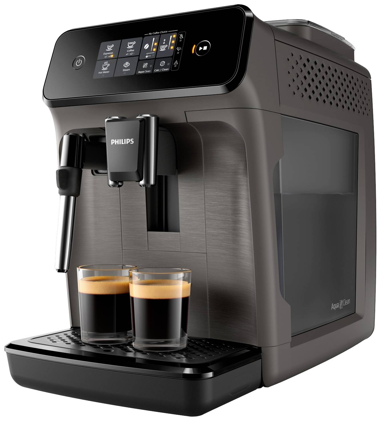 Coffee machine with digital display showing settings. Two espresso cups are placed on the drip tray.
