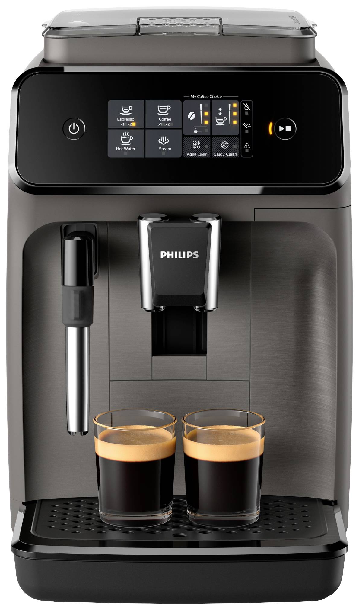 Coffee machine with digital display showing various button options. Two espressos in glasses beneath the outlet in the foreground.