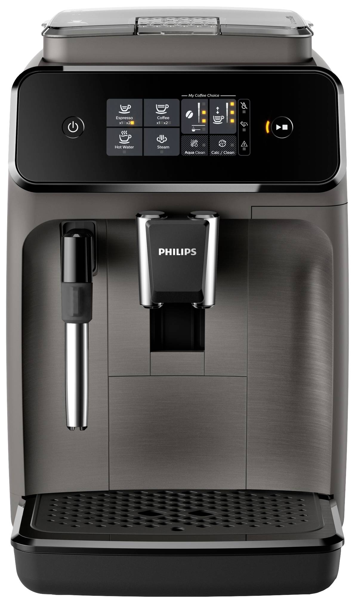 Coffee machine in dark grey with a touchscreen display and milk frother, suitable for preparing espresso and cappuccino.