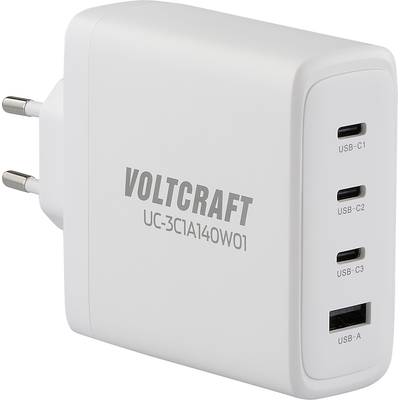 A white charger with four USB ports, three USB-C and one USB-A. Inscription 'VOLTCRAFT UC-3C1A140W01'.